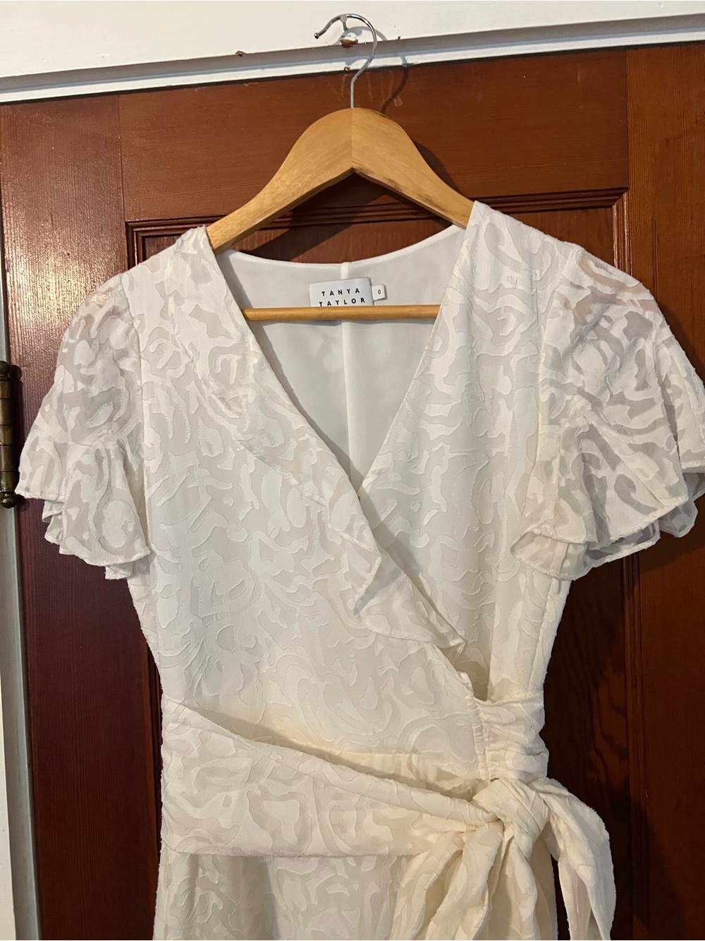Tanya Taylor Ivory Wrap Dress Size 0 NWOT Ruffle Sleeve Bridal Cocktail Dress - Picture 6 of 14